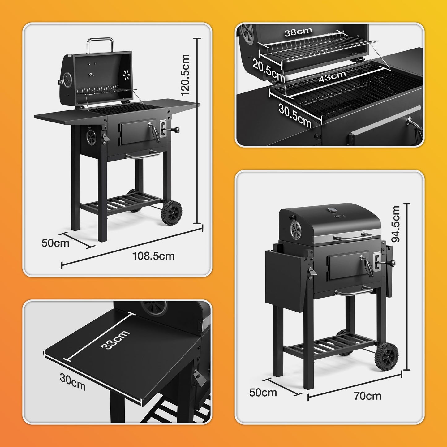Barbecue fumoir à charbon de bois avec thermomètre, tablettes latérales et étagère de rangement