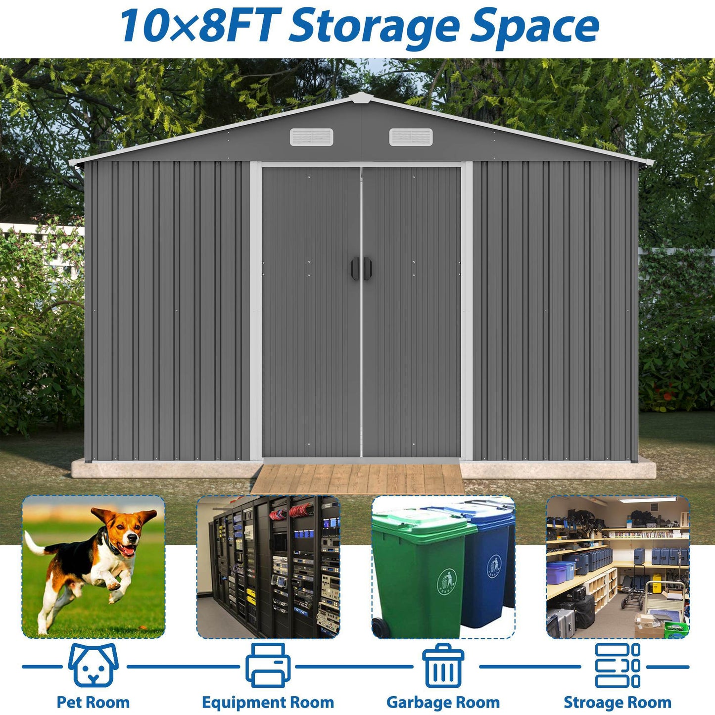 Abri de jardin en métal 10' x 8' toutes saisons avec portes coulissantes