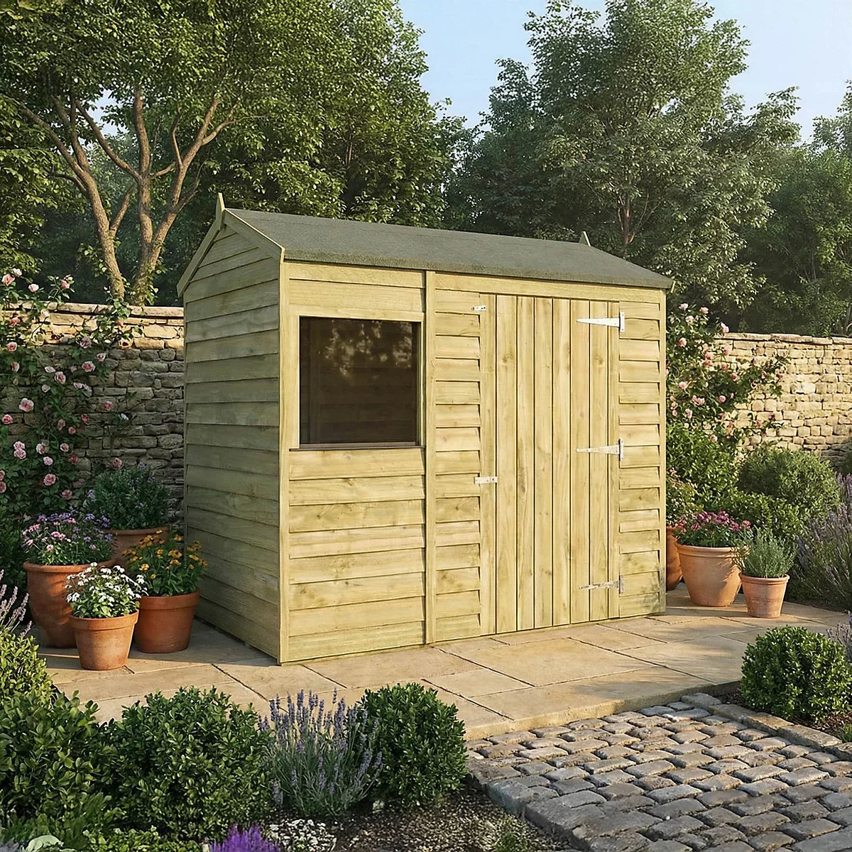 Abri de jardin en bois Mercia Overlap 6x4 pieds avec toit inversé, plancher et 1 fenêtre