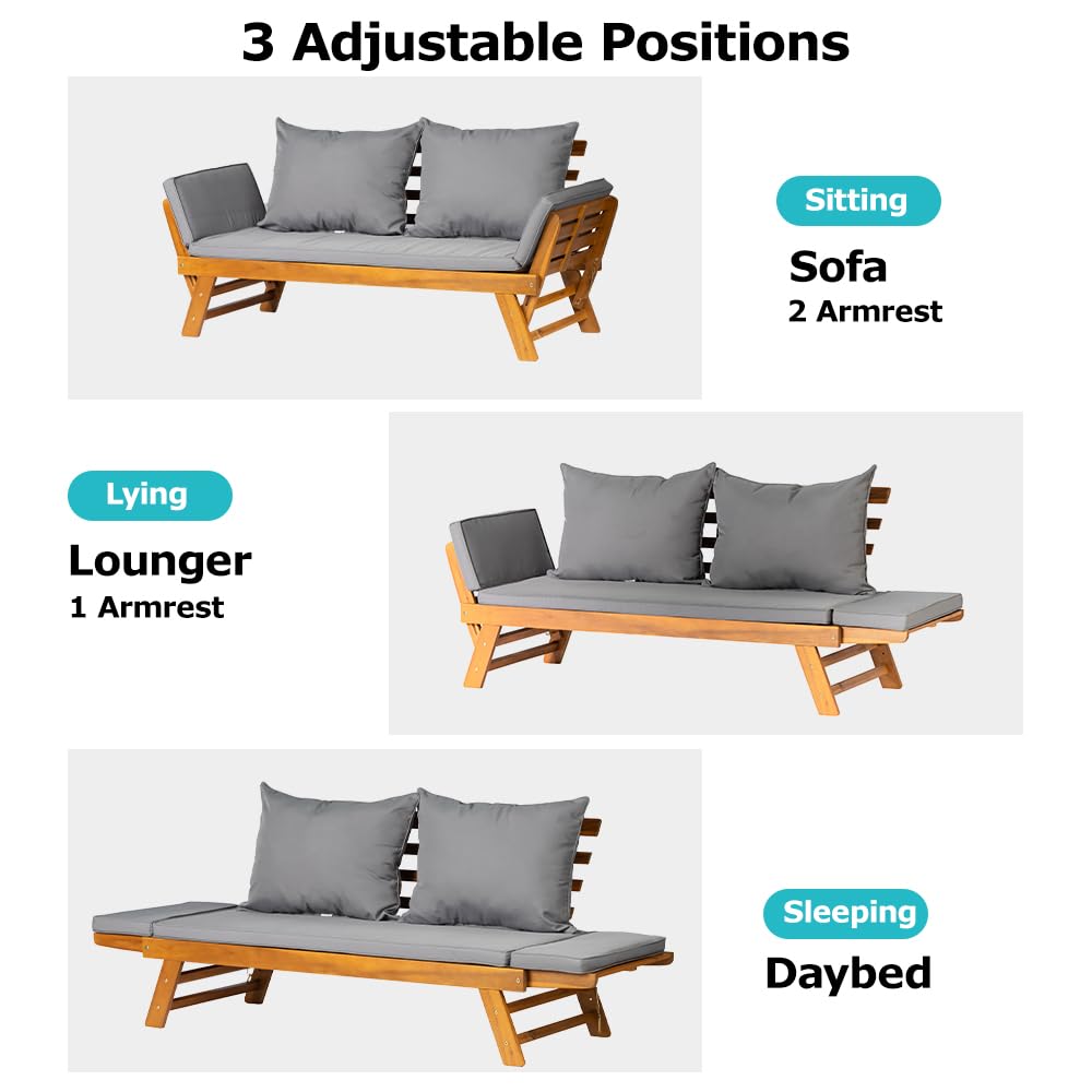Canapé-lit d'extérieur convertible en bois d'acacia avec accoudoirs réglables et coussins