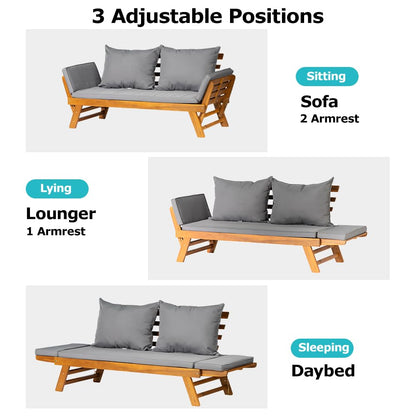 Canapé-lit d'extérieur convertible en bois d'acacia avec accoudoirs réglables et coussins