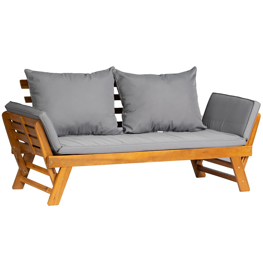 Canapé-lit d'extérieur convertible en bois d'acacia avec accoudoirs réglables et coussins