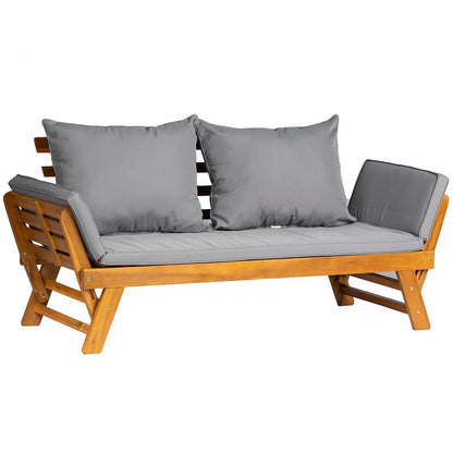 Canapé-lit d'extérieur convertible en bois d'acacia avec accoudoirs réglables et coussins