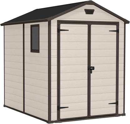 Abri de jardin d'extérieur 6 x 8 pieds avec toit à pignon et double porte – Effet bois beige/marron