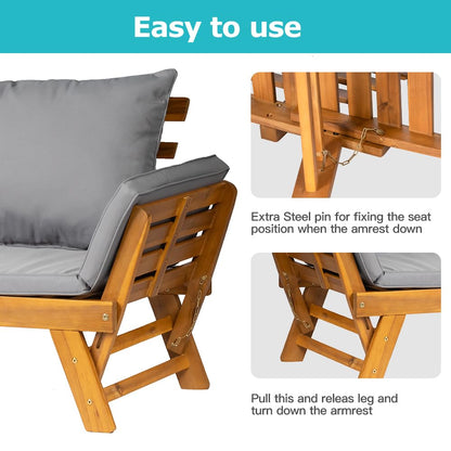 Canapé-lit d'extérieur convertible en bois d'acacia avec accoudoirs réglables et coussins