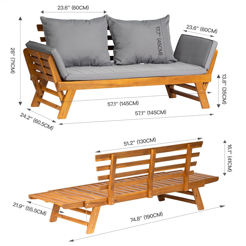 Canapé-lit d'extérieur convertible en bois d'acacia avec accoudoirs réglables et coussins
