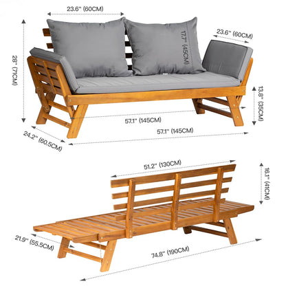 Canapé-lit d'extérieur convertible en bois d'acacia avec accoudoirs réglables et coussins