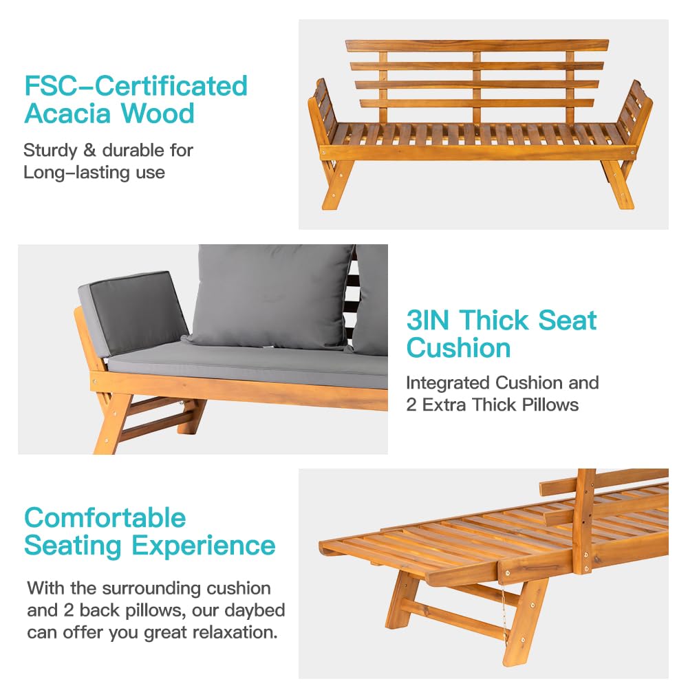 Canapé-lit d'extérieur convertible en bois d'acacia avec accoudoirs réglables et coussins