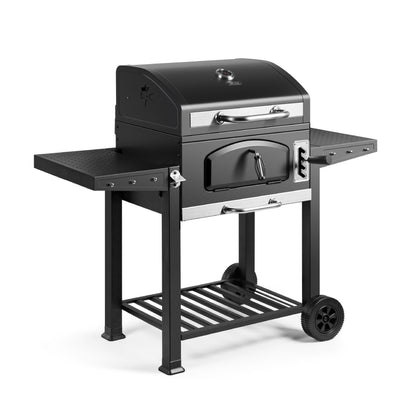 Barbecue XL au charbon de bois avec fumoir, grilles en fonte, tablettes latérales et grille de maintien au chaud