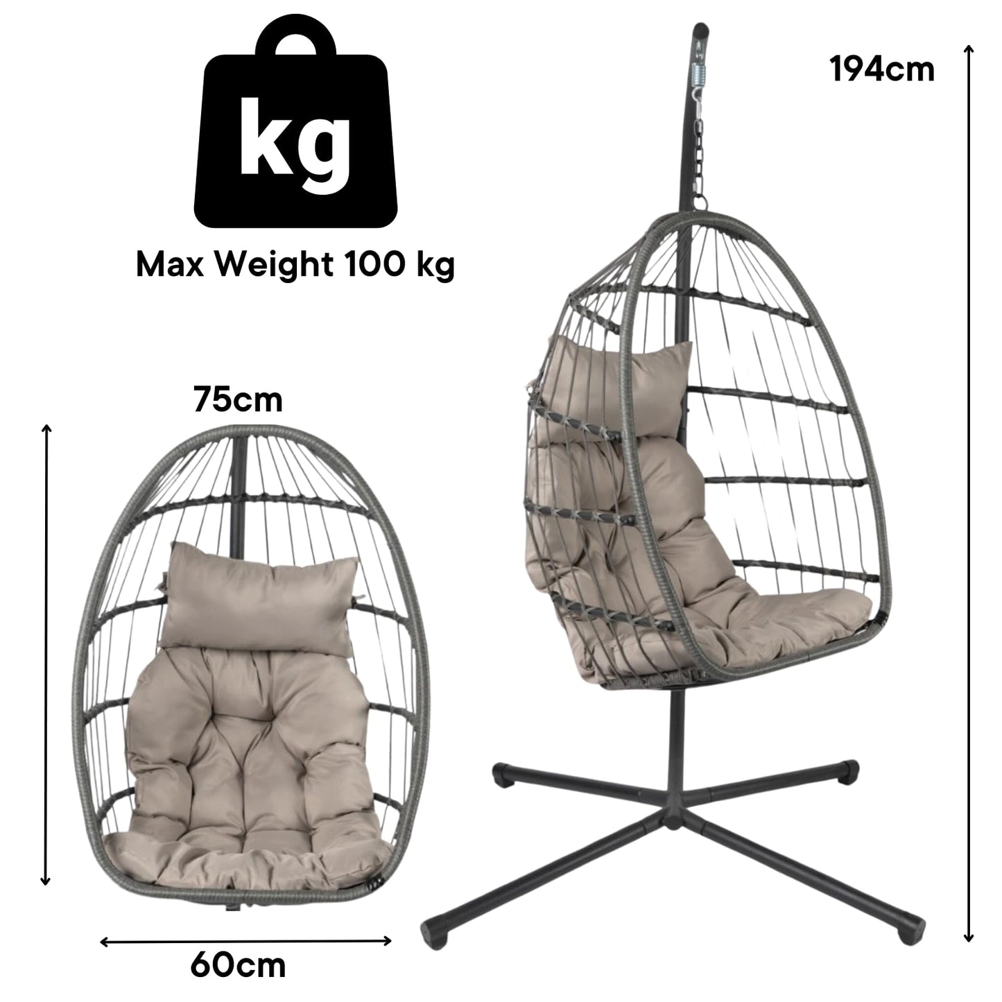 Fauteuil suspendu œuf avec support, coussin et panier en rotin pliable