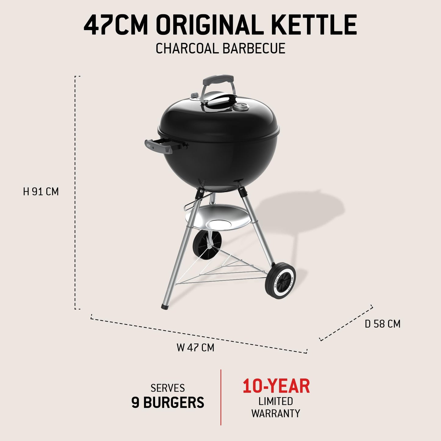 Barbecue Boule au Charbon de Bois de 47 cm avec Thermomètre sur Couvercle et Système de Nettoyage One-Touch