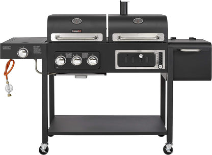 Barbecue hybride gaz et charbon de bois avec fumoir, brûleur latéral et housse de protection