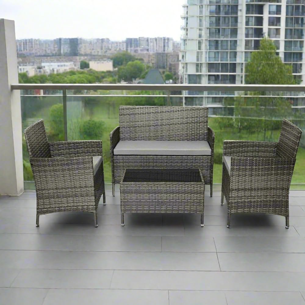 Salon de jardin 4 places en rotin avec table basse et coussins