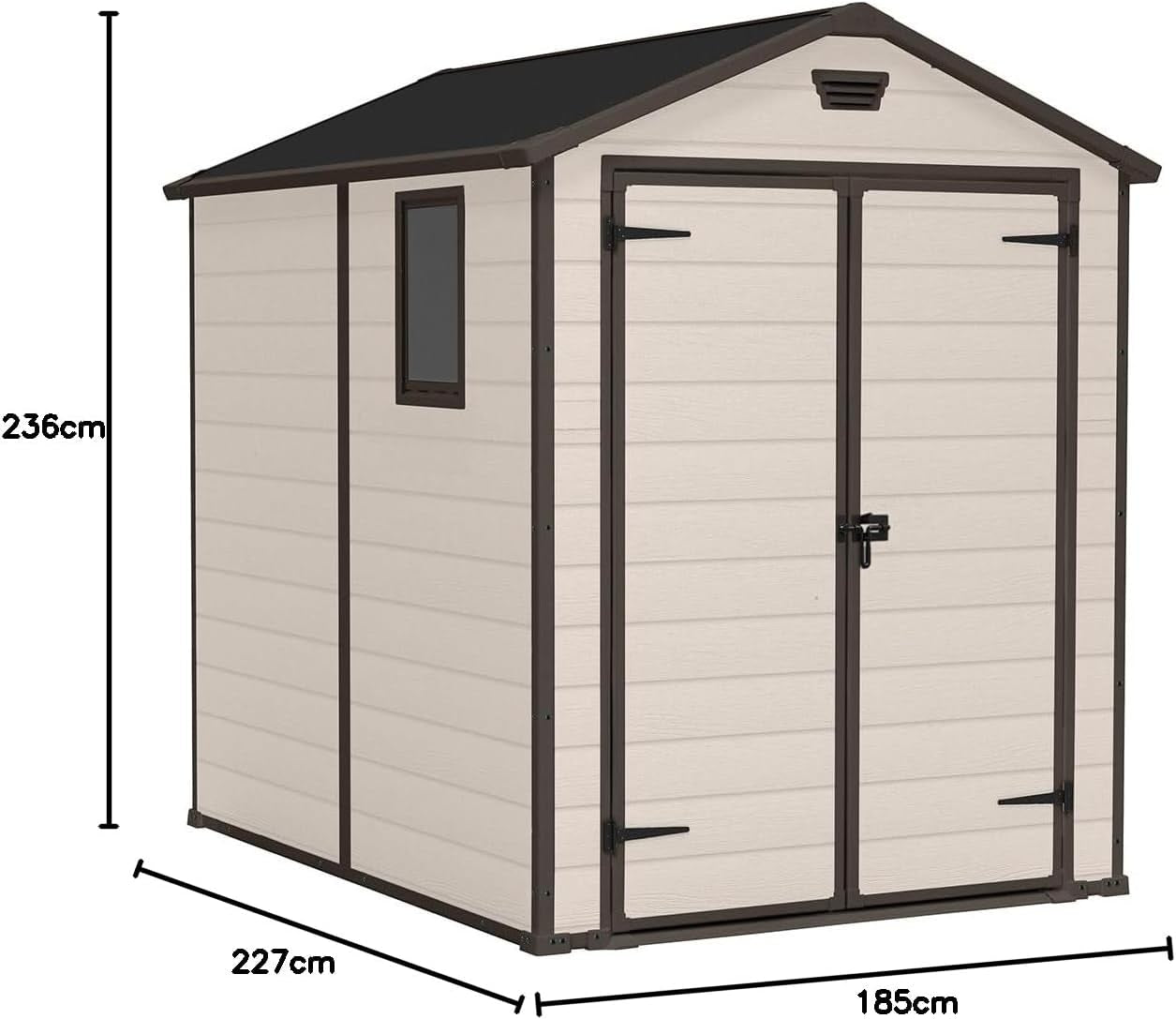 Abri de jardin d'extérieur 6 x 8 pieds avec toit à pignon et double porte – Effet bois beige/marron