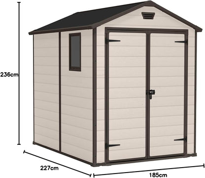 Abri de jardin d'extérieur 6 x 8 pieds avec toit à pignon et double porte – Effet bois beige/marron