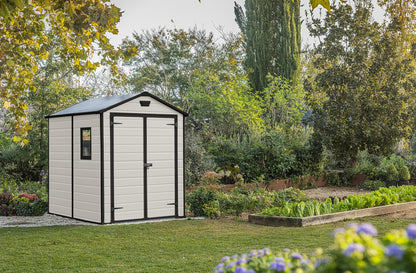 Abri de jardin d'extérieur 6 x 8 pieds avec toit à pignon et double porte – Effet bois beige/marron