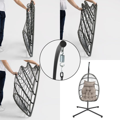 Fauteuil suspendu œuf avec support, coussin et panier en rotin pliable