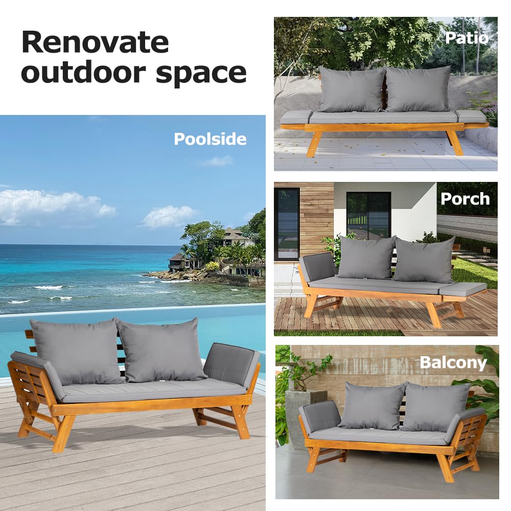 Canapé-lit d'extérieur convertible en bois d'acacia avec accoudoirs réglables et coussins