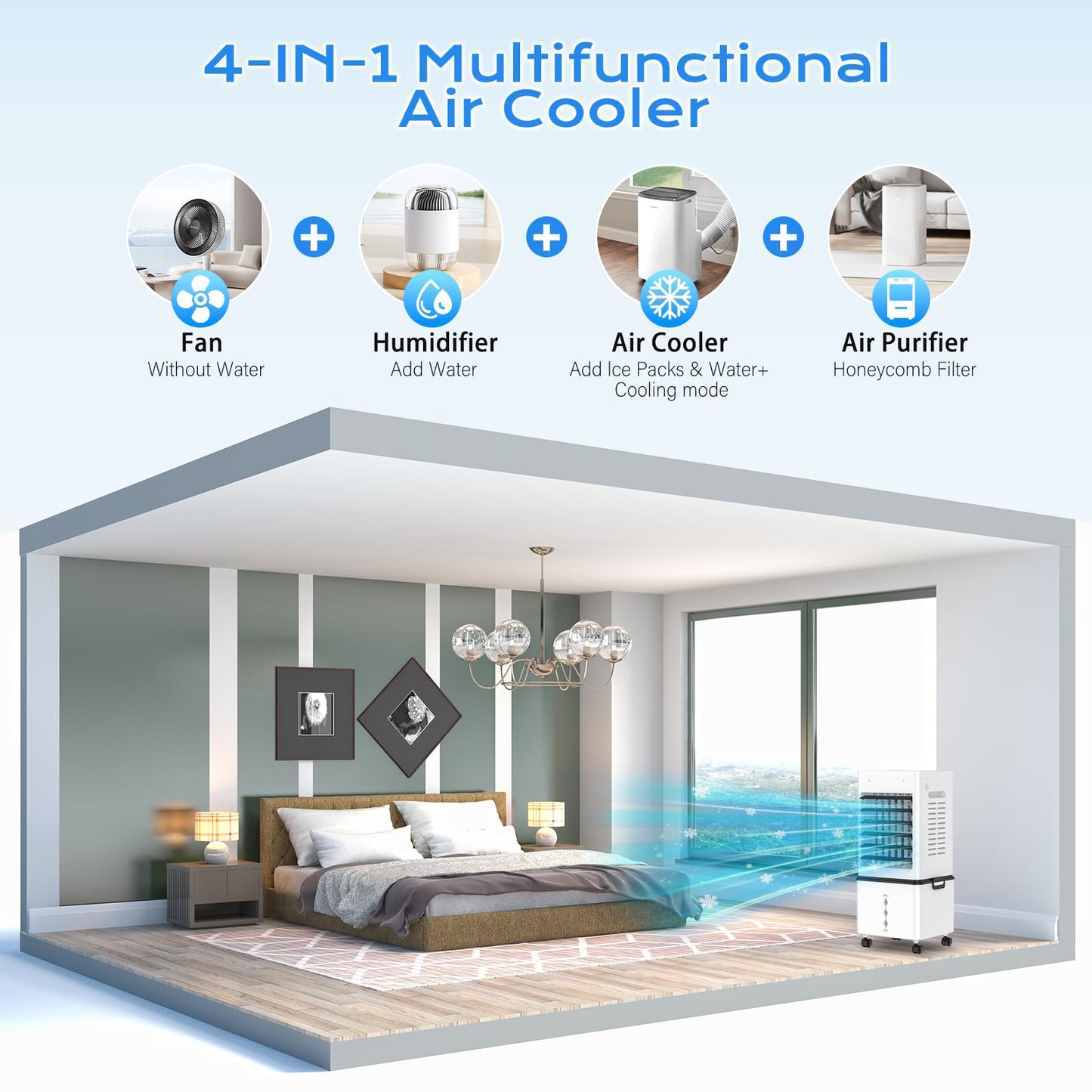 Refroidisseur d'air évaporatif portable avec réservoir de 12 L, télécommande et minuterie