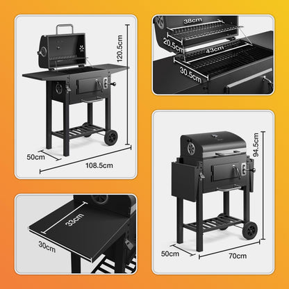 Barbecue fumoir à charbon de bois avec thermomètre, tablettes latérales et étagère de rangement