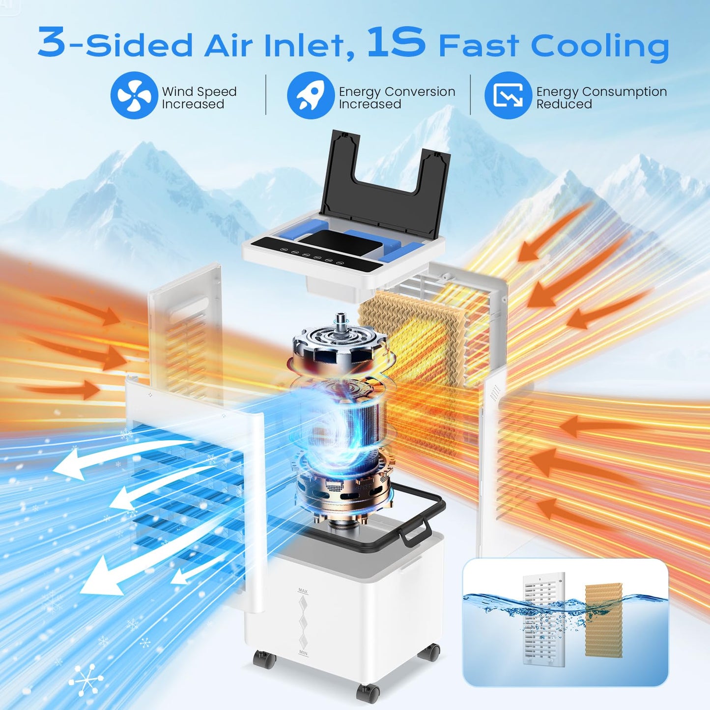 Refroidisseur d'air évaporatif portable avec réservoir de 12 L, télécommande et minuterie