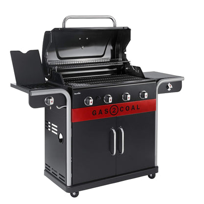 Barbecue hybride gaz et charbon de bois avec grilles en fonte et thermomètre
