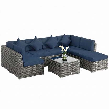 Ensemble de canapé d'angle en rotin 8 pièces avec coussins et table basse en verre