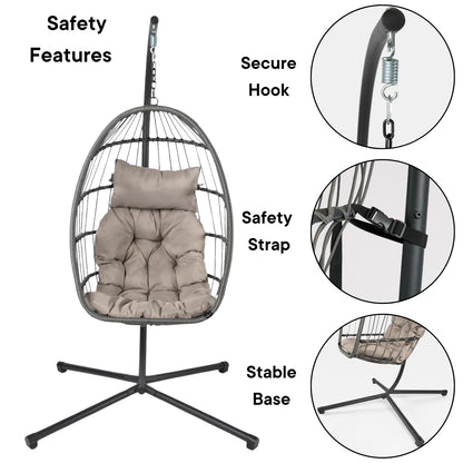 Fauteuil suspendu œuf avec support, coussin et panier en rotin pliable