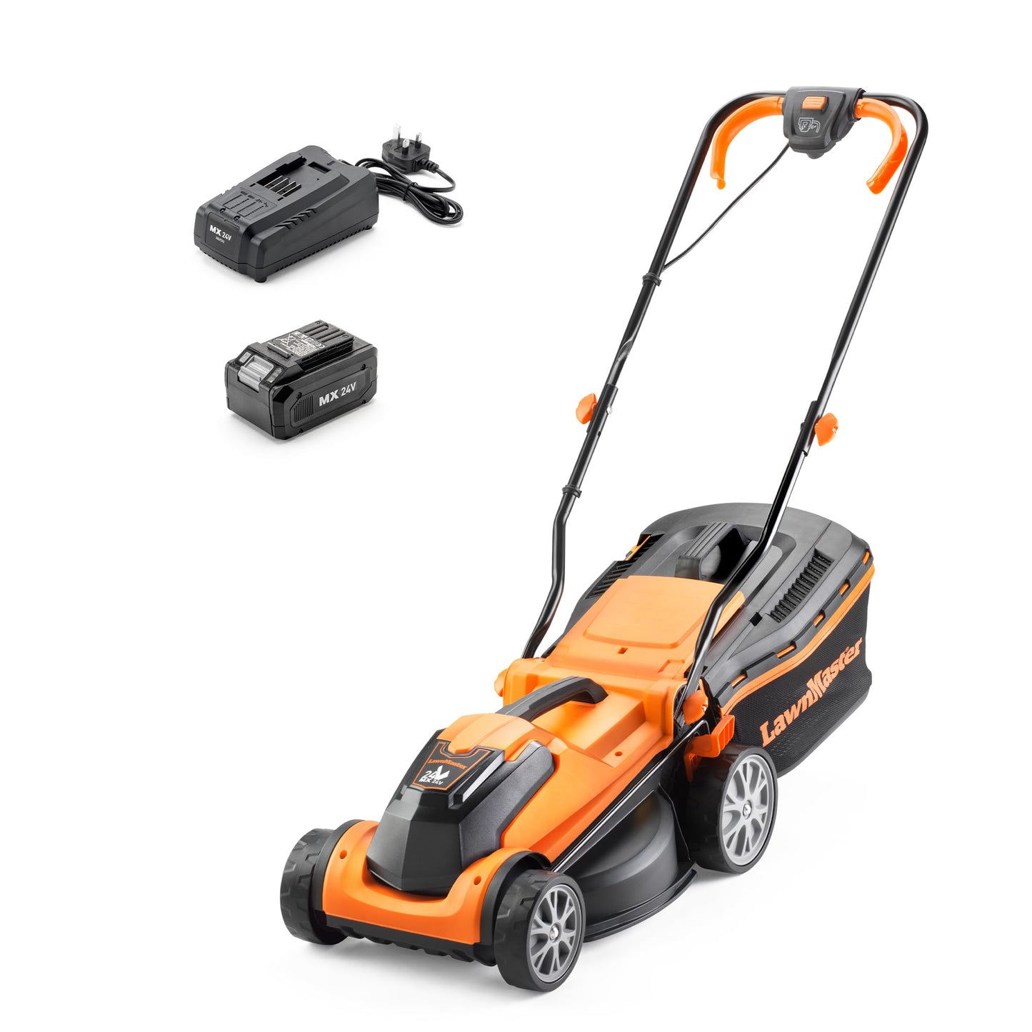 Tondeuse à gazon sans fil 24V avec batterie, chargeur rapide et rouleau arrière