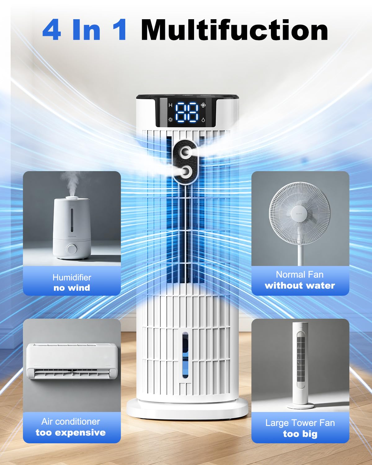 Refroidisseur d'air portable 4-en-1 avec télécommande, fonction brumisateur et minuterie