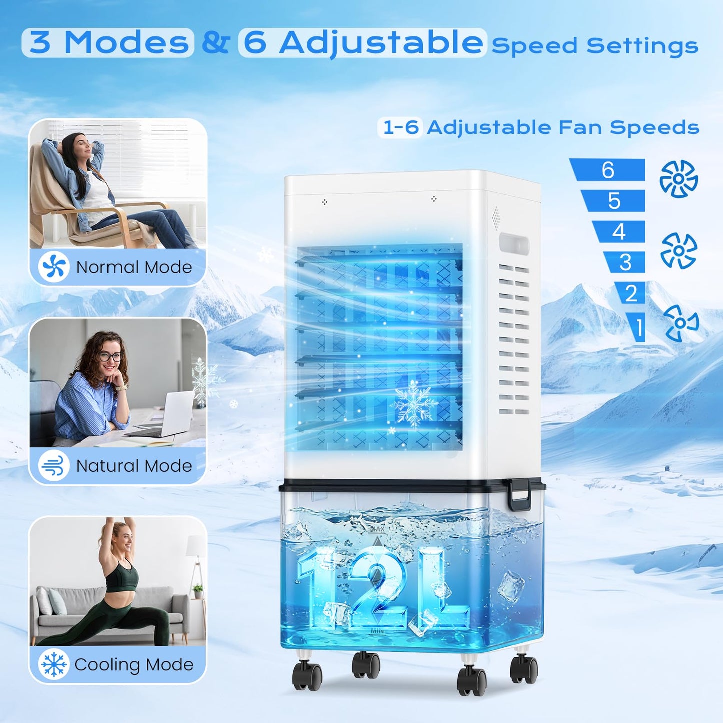 Refroidisseur d'air évaporatif portable avec réservoir de 12 L, télécommande et minuterie