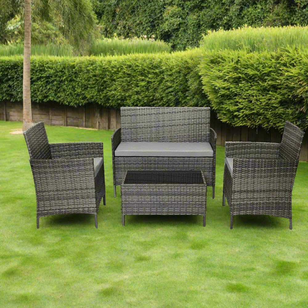 Salon de jardin 4 places en rotin avec table basse et coussins