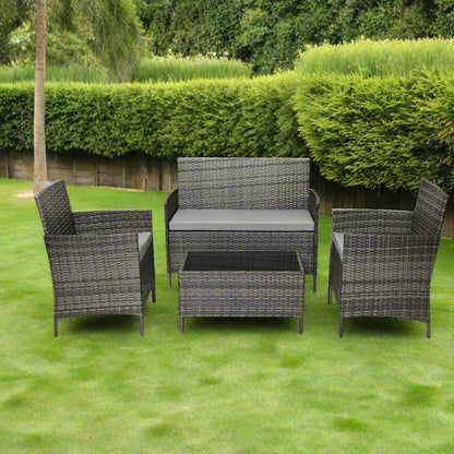 Salon de jardin 4 places en rotin avec table basse et coussins