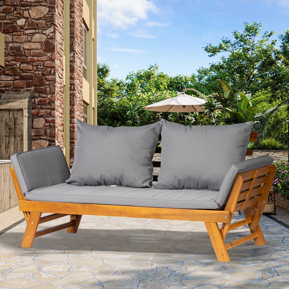 Canapé-lit d'extérieur convertible en bois d'acacia avec accoudoirs réglables et coussins