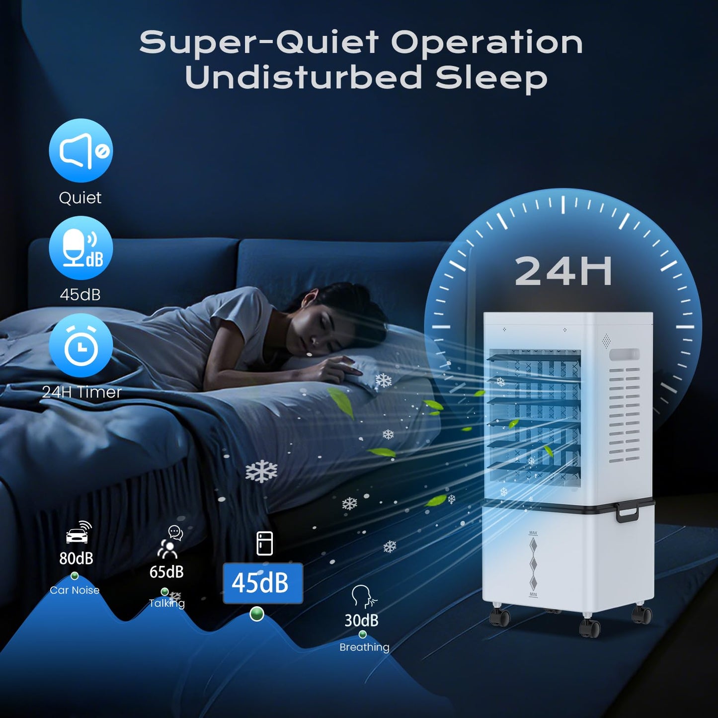 Refroidisseur d'air évaporatif portable avec réservoir de 12 L, télécommande et minuterie