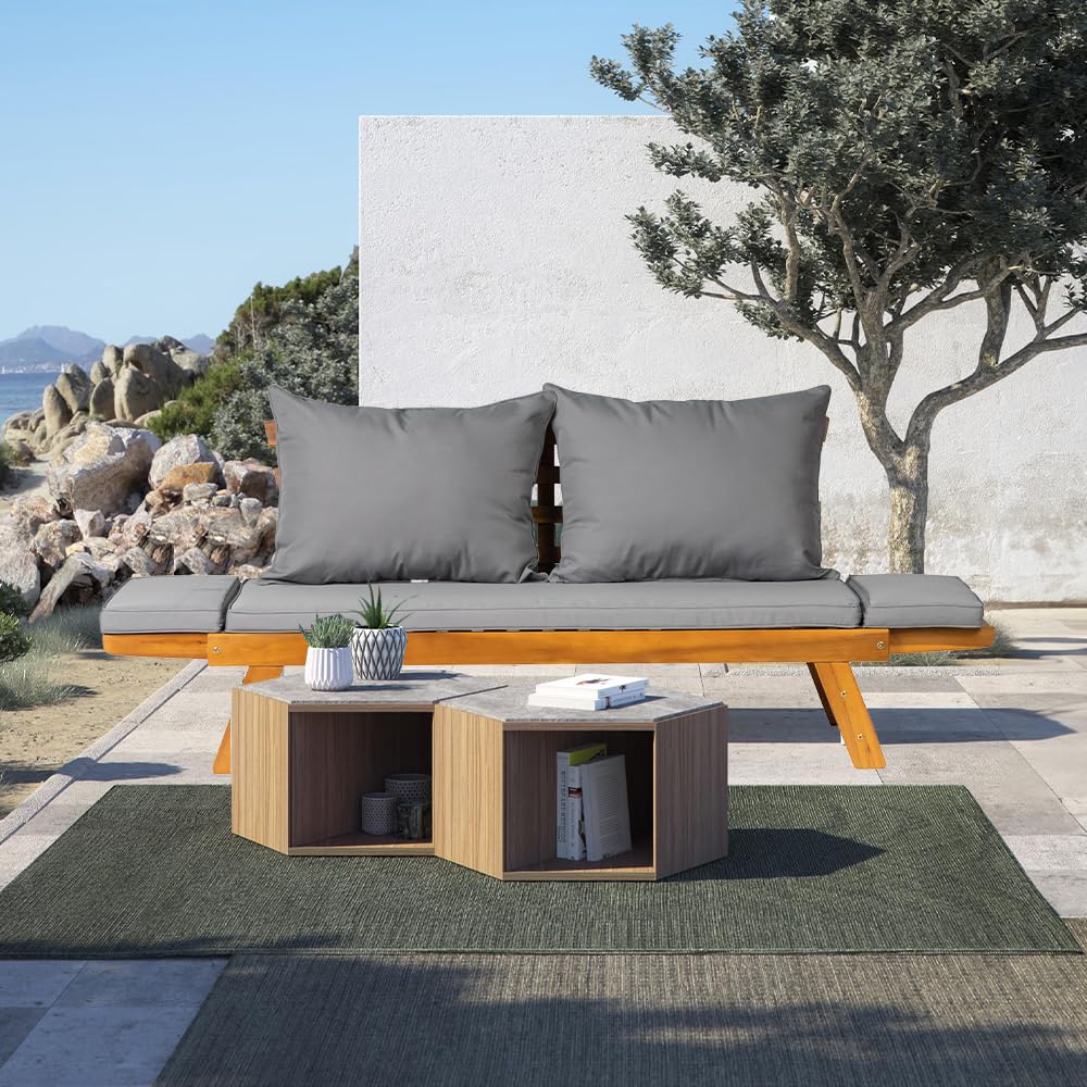 Canapé-lit d'extérieur convertible en bois d'acacia avec accoudoirs réglables et coussins