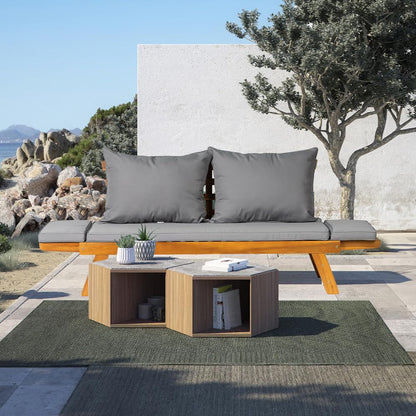 Canapé-lit d'extérieur convertible en bois d'acacia avec accoudoirs réglables et coussins
