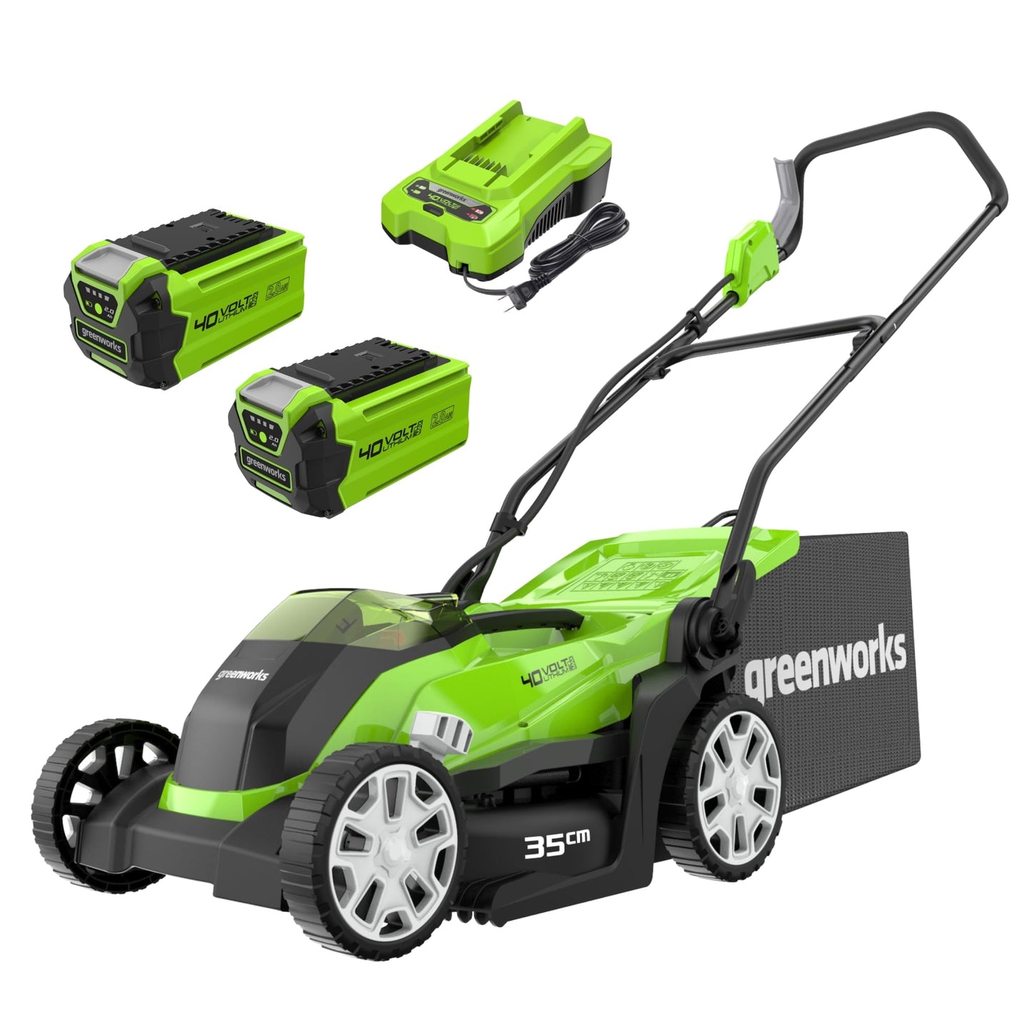 Tondeuse à gazon sans fil 40V avec batteries, chargeur et bac de ramassage 40L