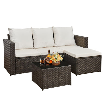 Canapé d'angle en rotin 3 places avec table basse et coussins