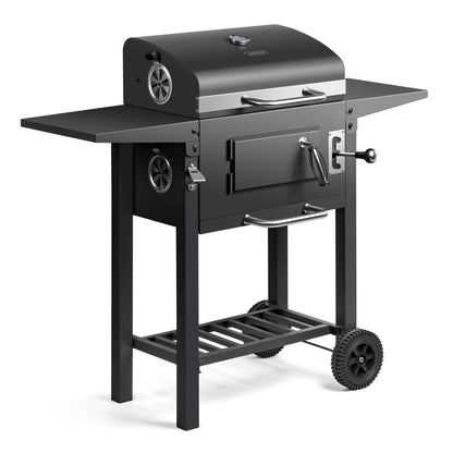 Barbecue fumoir à charbon de bois avec thermomètre, tablettes latérales et étagère de rangement