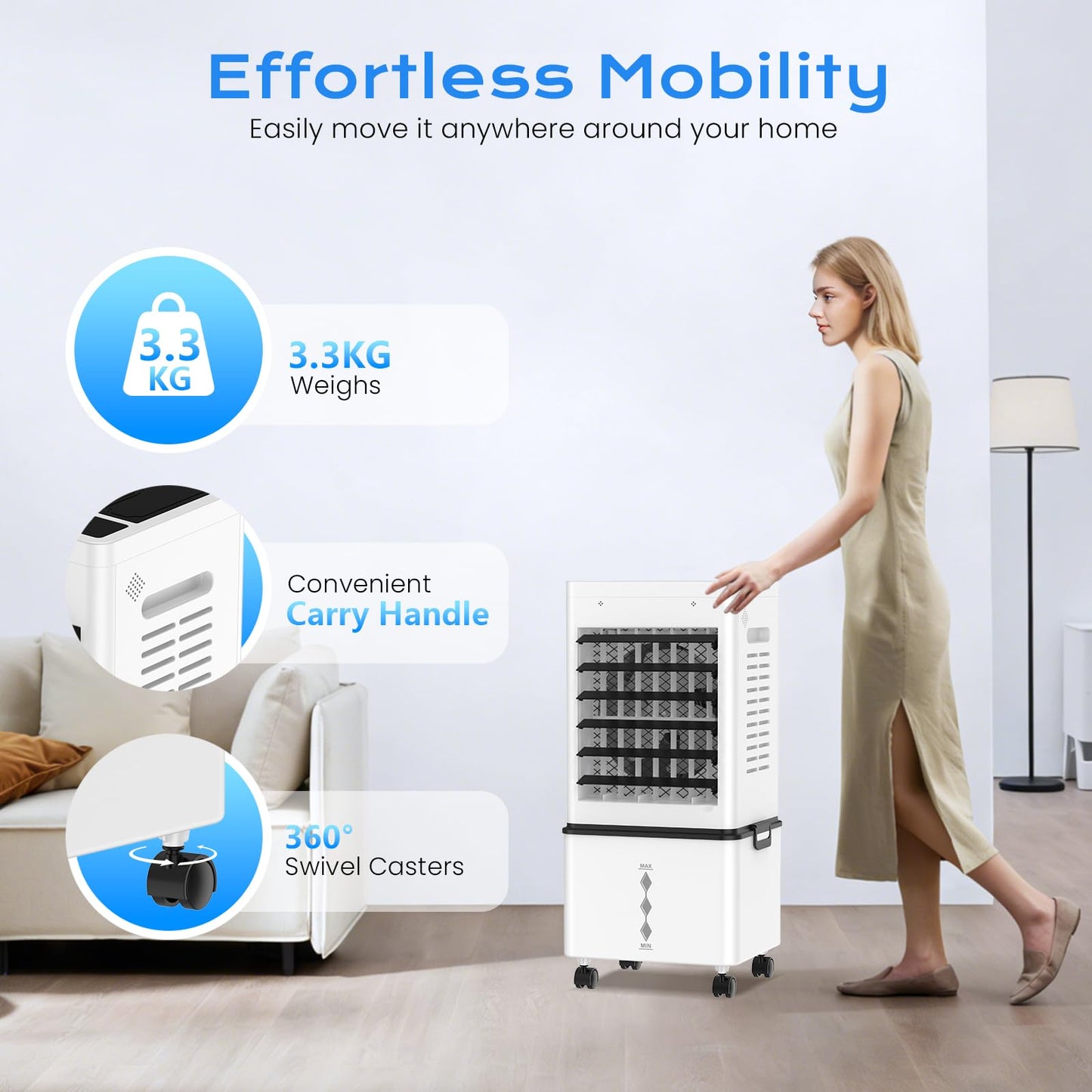 Refroidisseur d'air évaporatif portable avec réservoir de 12 L, télécommande et minuterie