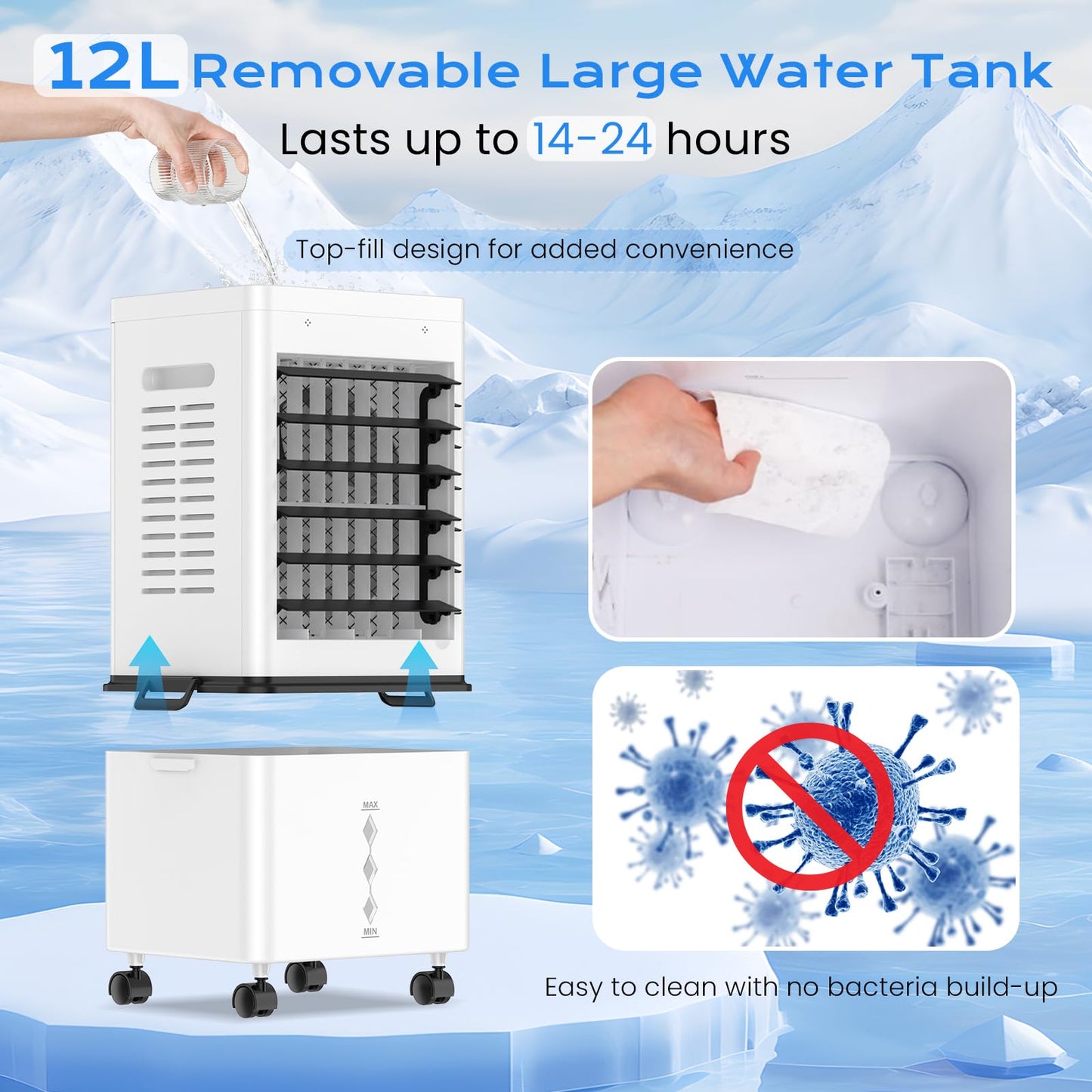 Refroidisseur d'air évaporatif portable avec réservoir de 12 L, télécommande et minuterie
