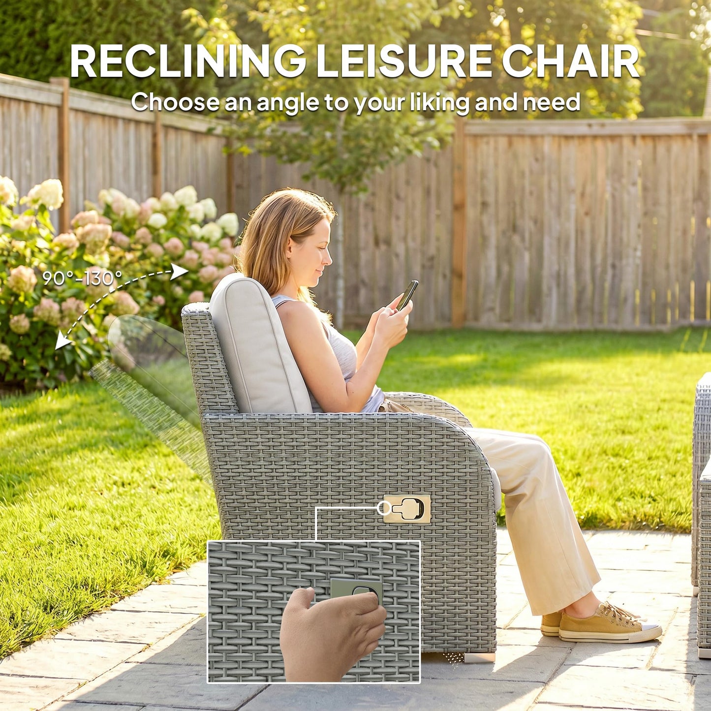 Salon de jardin 7 places en rotin avec chaises inclinables, poufs et table basse