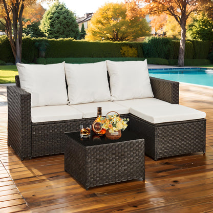 Canapé d'angle en rotin 3 places avec table basse et coussins