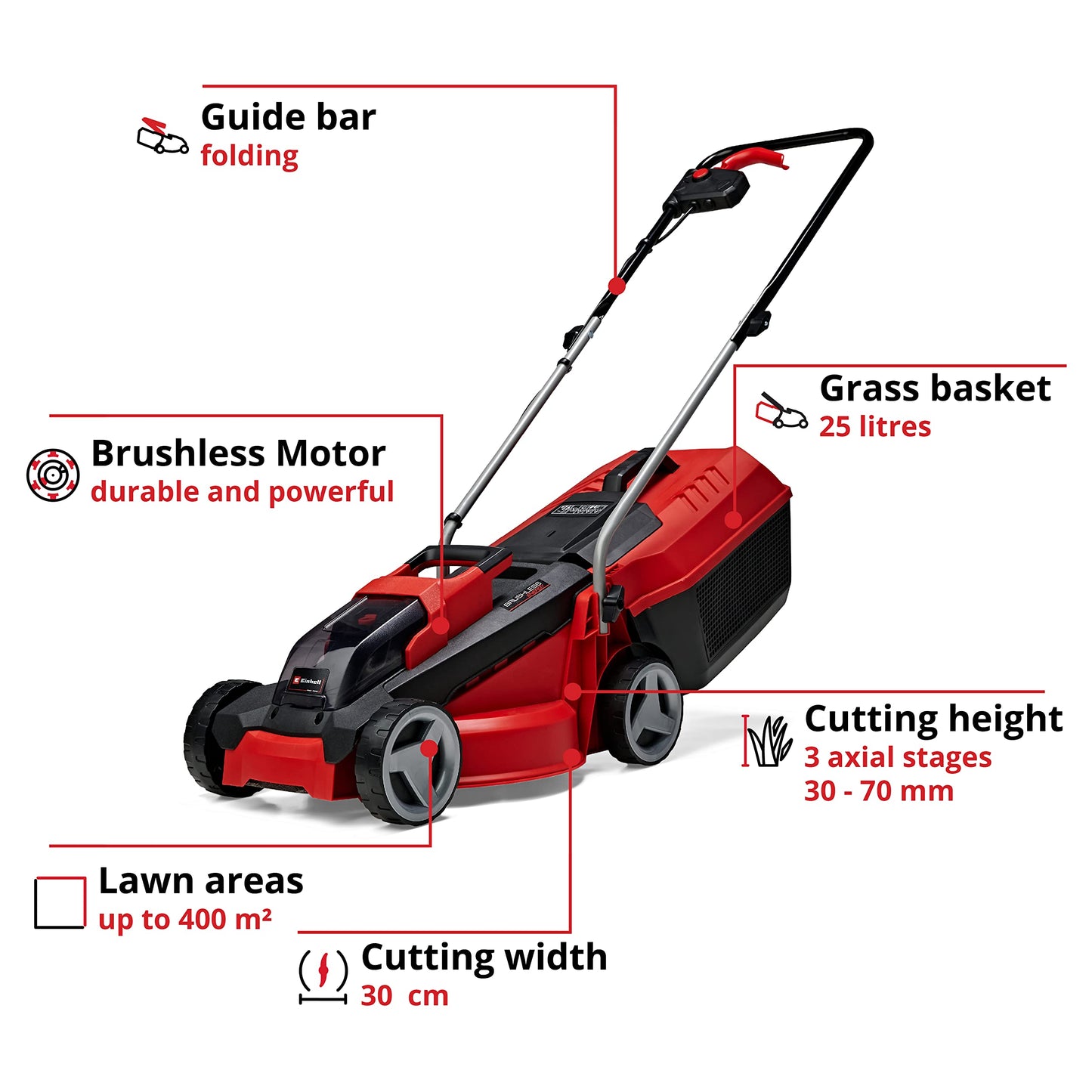 Tondeuse à gazon sans fil 18 V avec moteur sans balais, batterie et chargeur inclus