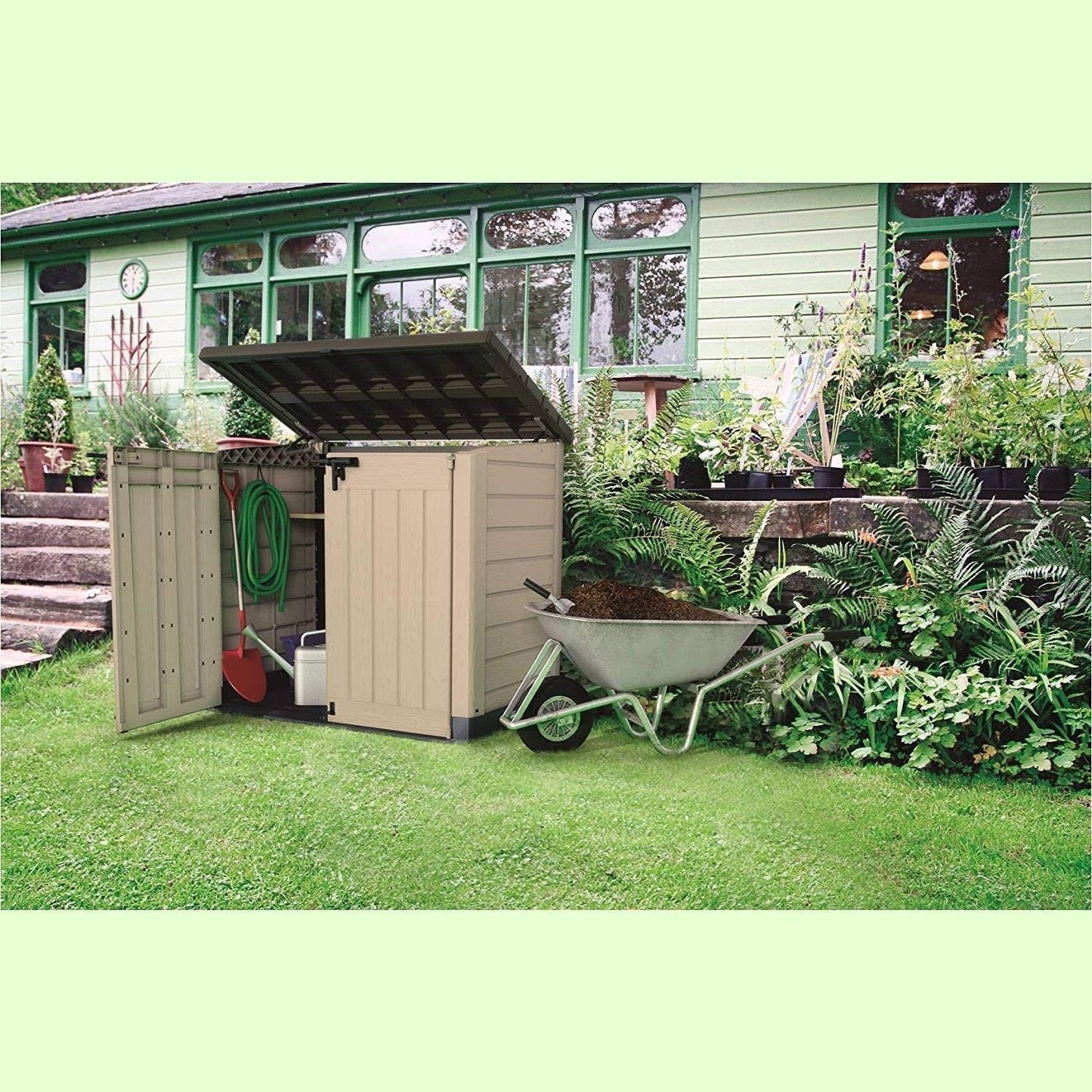 Abri de rangement extérieur Keter Store It Out Max 1200L pour jardin et poubelles à roulettes - Beige et marron