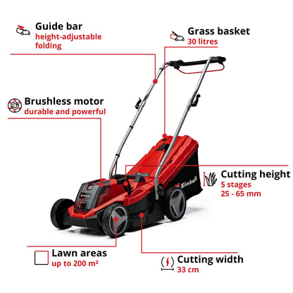 Tondeuse à gazon sans fil 18 V avec moteur sans balais, batterie et hauteurs de coupe réglables