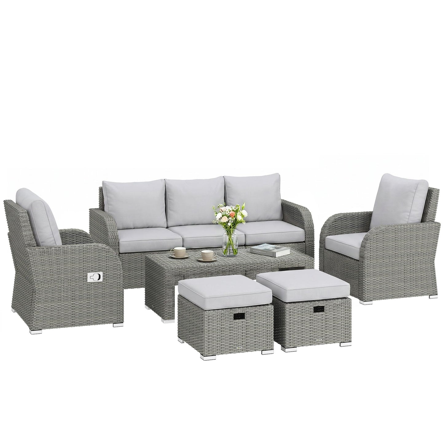Salon de jardin 7 places en rotin avec chaises inclinables, poufs et table basse