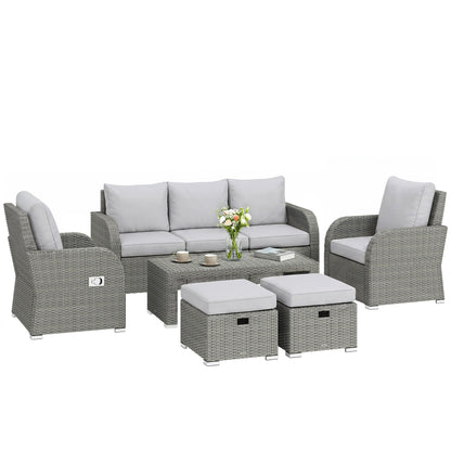 Salon de jardin 7 places en rotin avec chaises inclinables, poufs et table basse