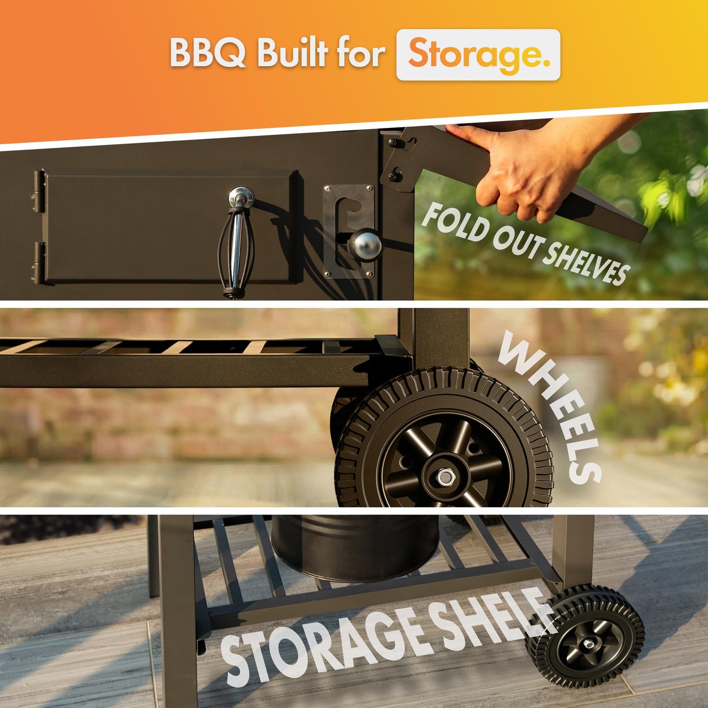 Barbecue fumoir à charbon de bois avec thermomètre, tablettes latérales et étagère de rangement